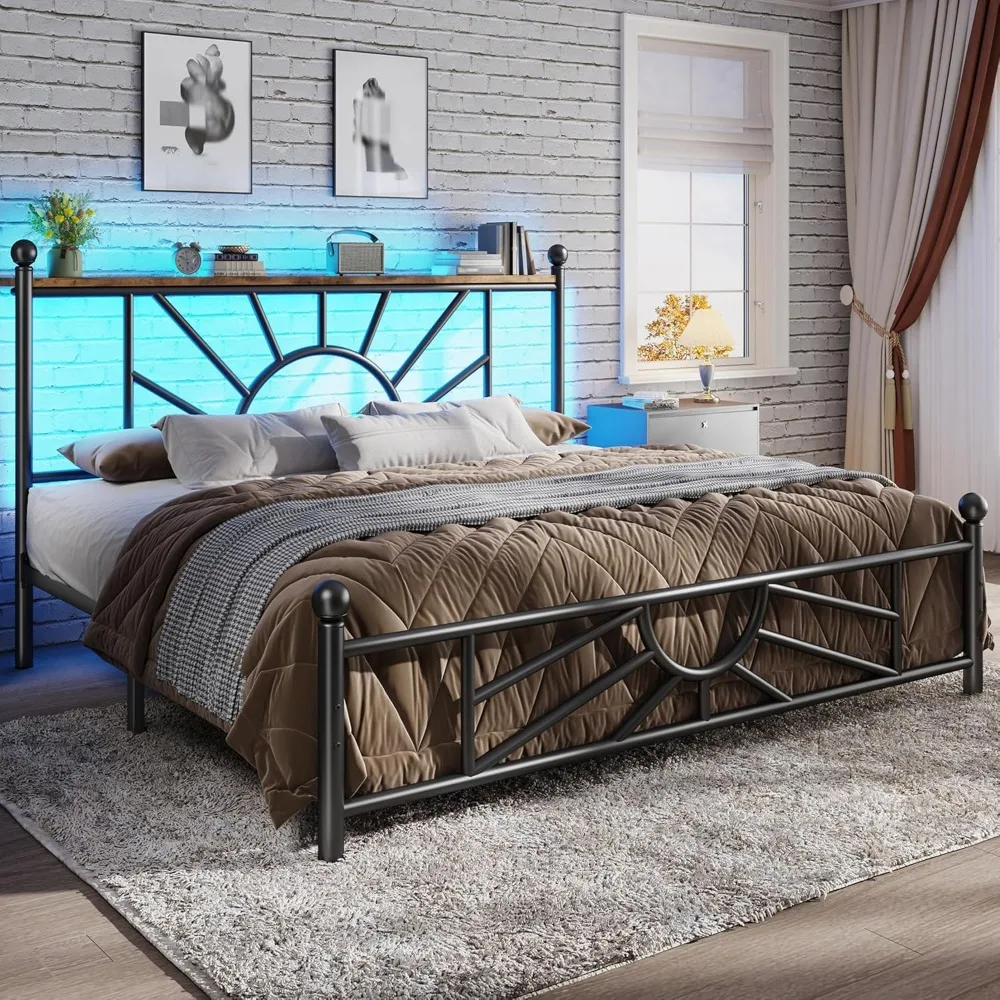 Metal Queen Bed Frame with Headboard and Footboard, Queen Size Bed Frame with LED Light, Mattress Foundation with Under Bed Stor