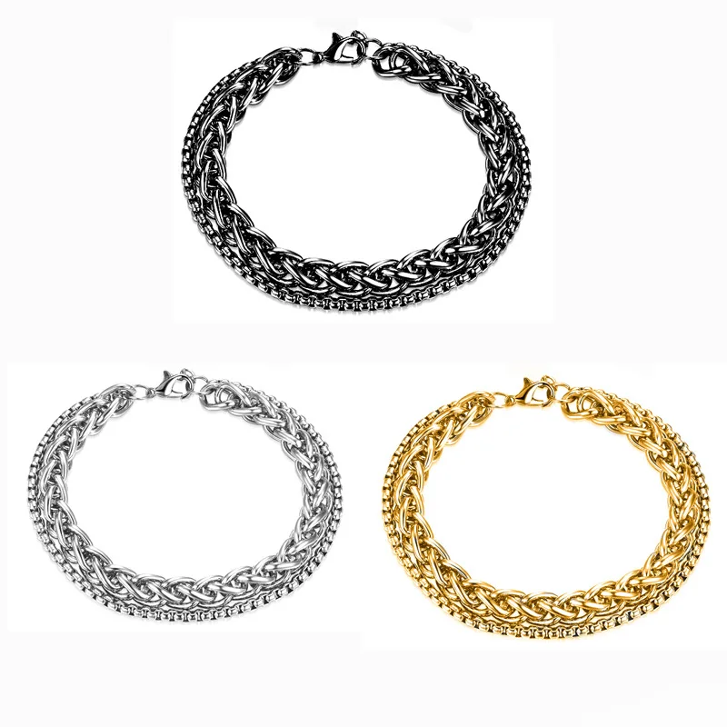 Gold Color Silver and Black Men's Titanium Steel Double Layer Bracelet Keel Flower Basket Chain Bracelet Jewelry