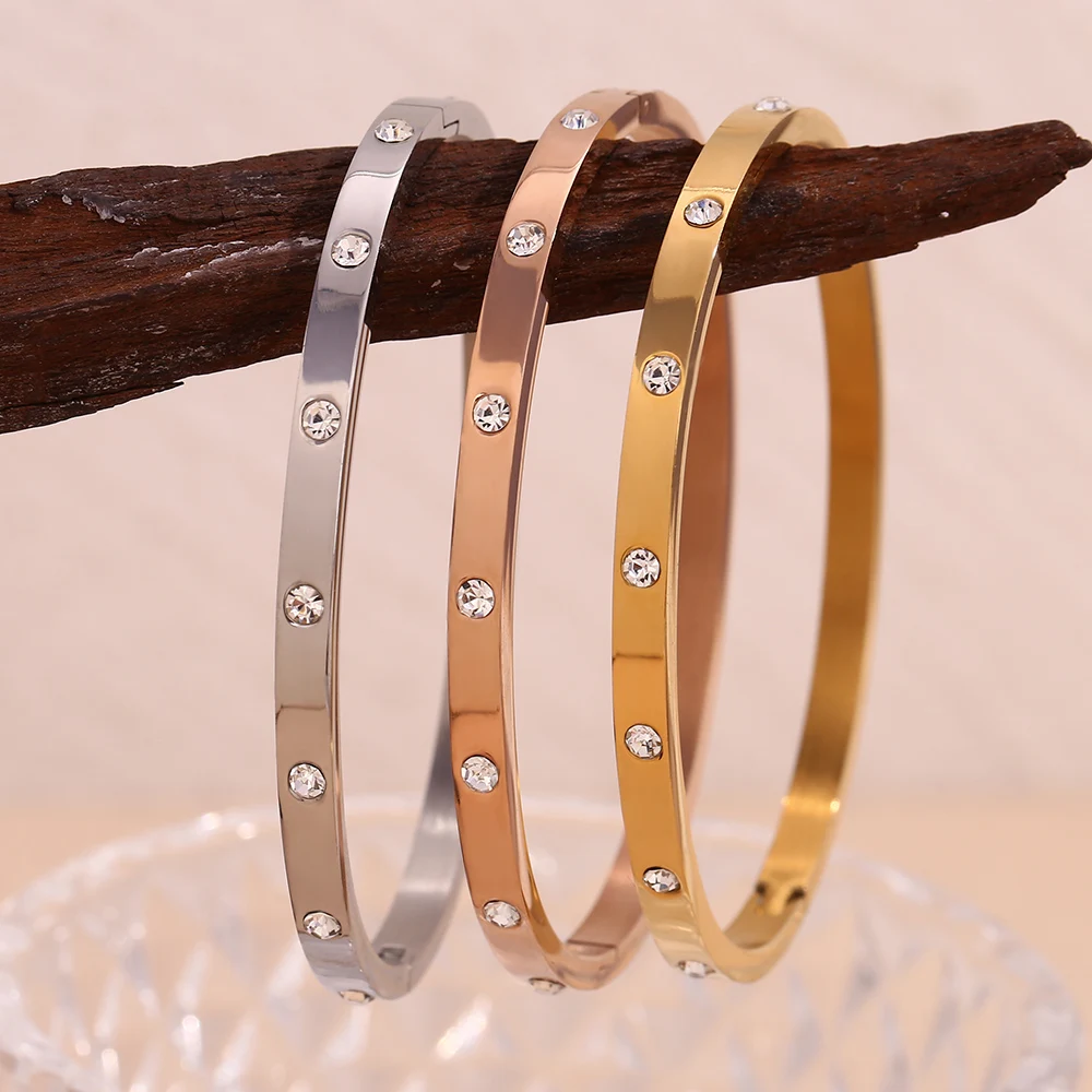 E.B.belle Dotted Zircon Buckle Bracelet Water Resistant 316L Stainless Steel Bracelet for Women 18K Gold Plated Jewelry