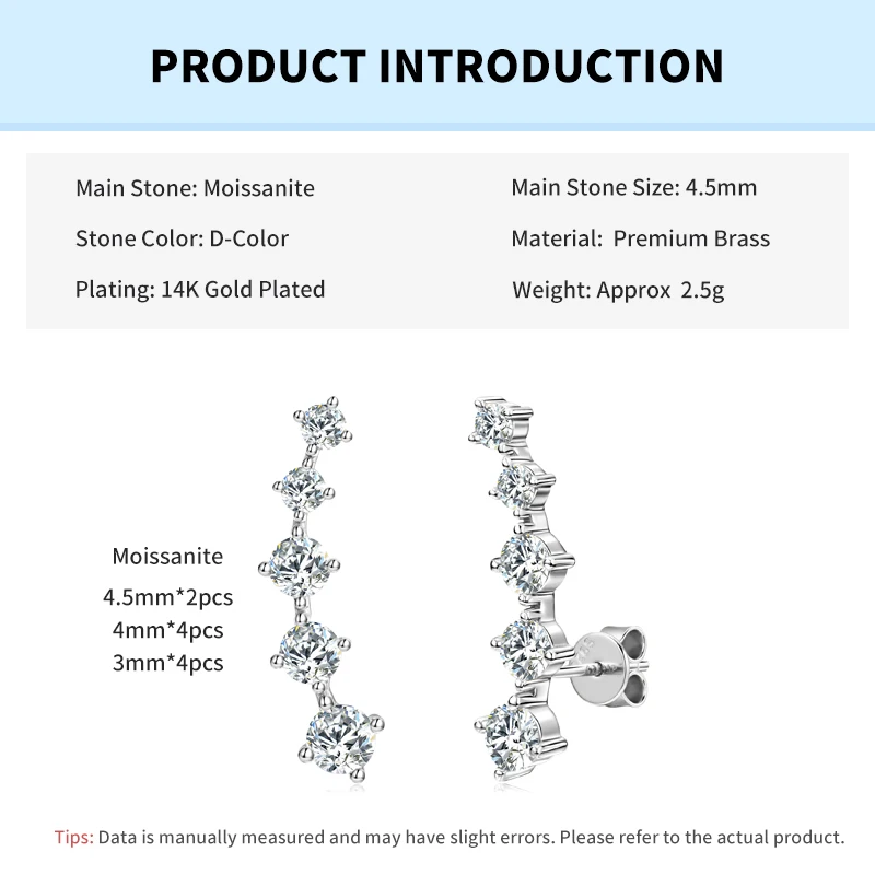 Rrjzz 5 Stone D-Color GRA Moissanite Climber Ohrstecker, hypoallergen, 14 Karat vergoldet, Ohrring-Anhänger, Geburtstagsgeschenk für Frauen – Detail 1