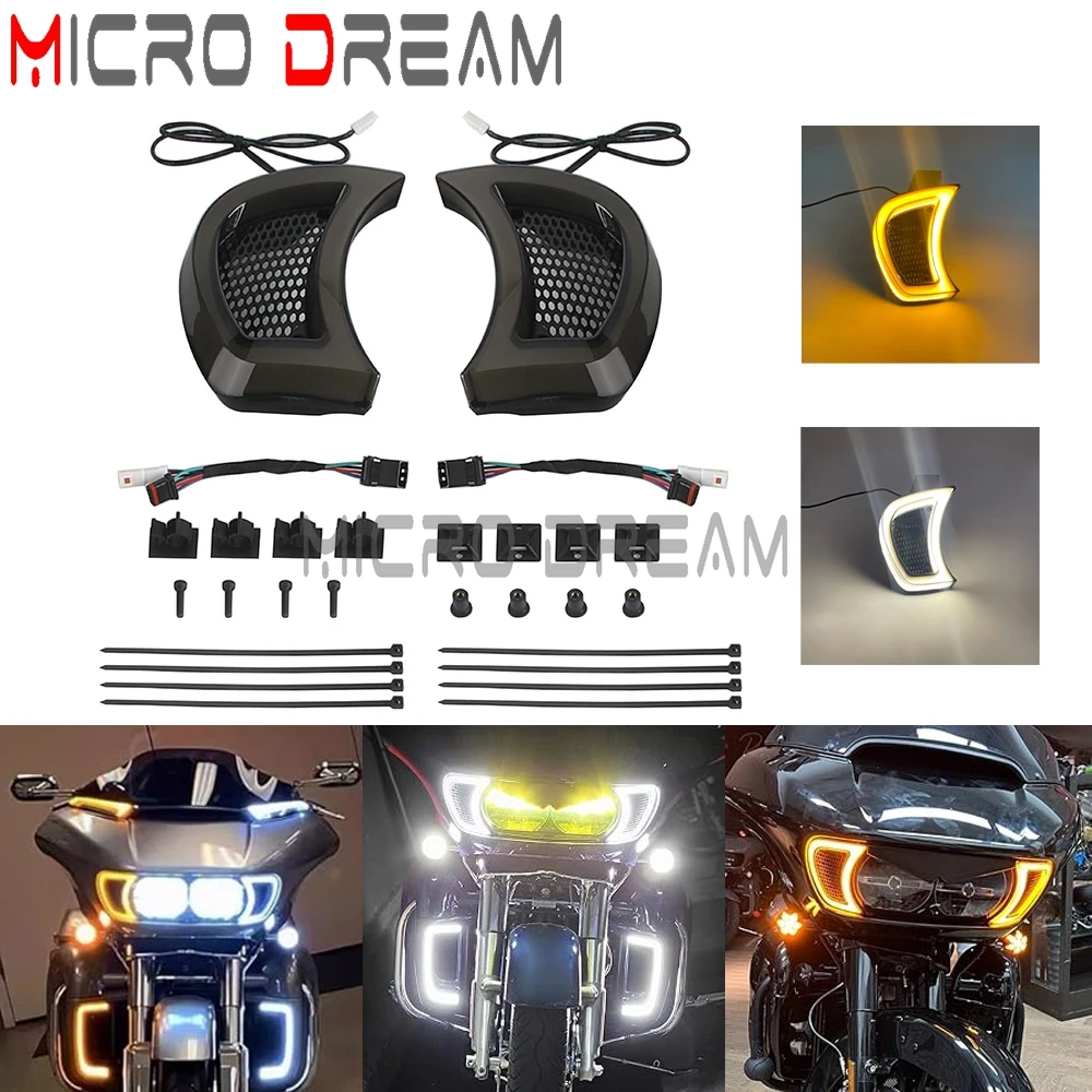 Smoke Lens Motorcycle LED Headlight Vent Accents Turn Signal Light Running Light Plastic For Harley Touring Road Gilde 2015-2024