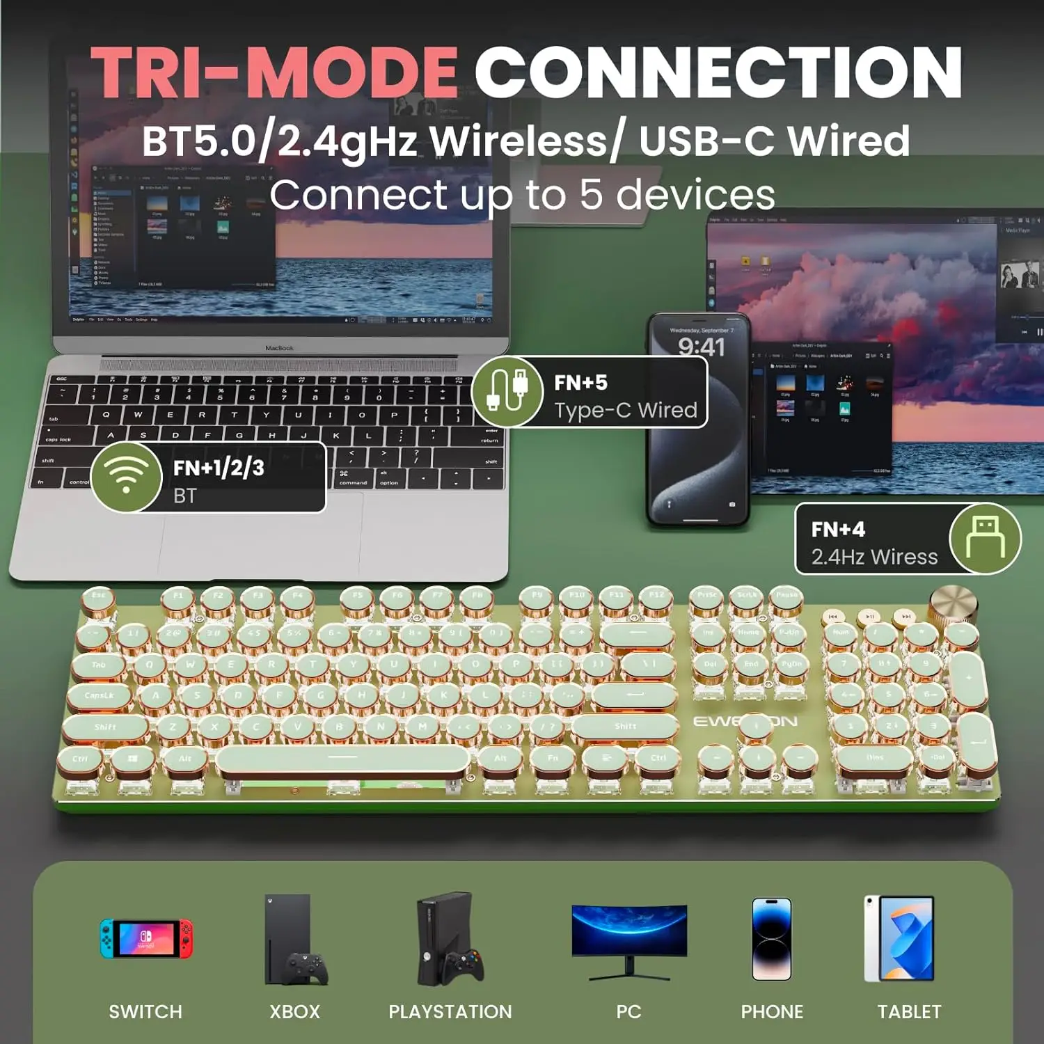 EWEADN V20 Typewriter Keyboard Wireless104 Keys  Mechanical with White Backlit Media Knob Pink Switch tri-mode Wired Retro  Keyb