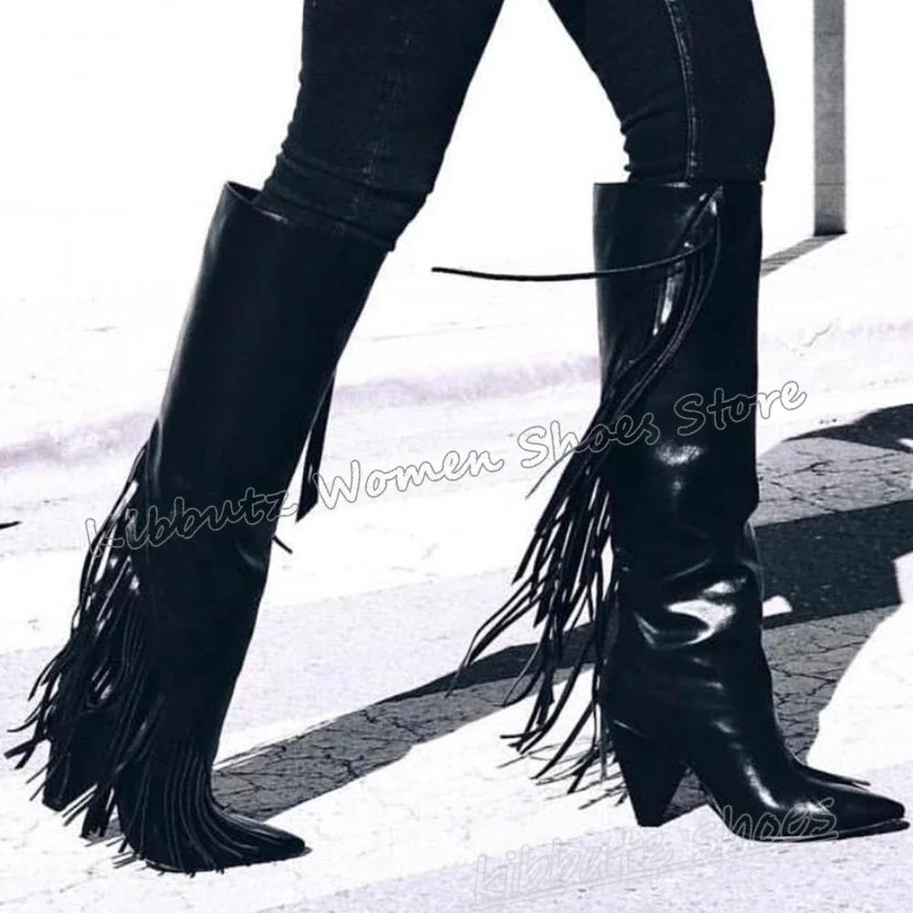 

Fringe Knee High Boot Slip-On Women Shoes New Pointy Spike Heels Solid Color Leather Fashion Novelty Luxury Elegant Concise Sexy