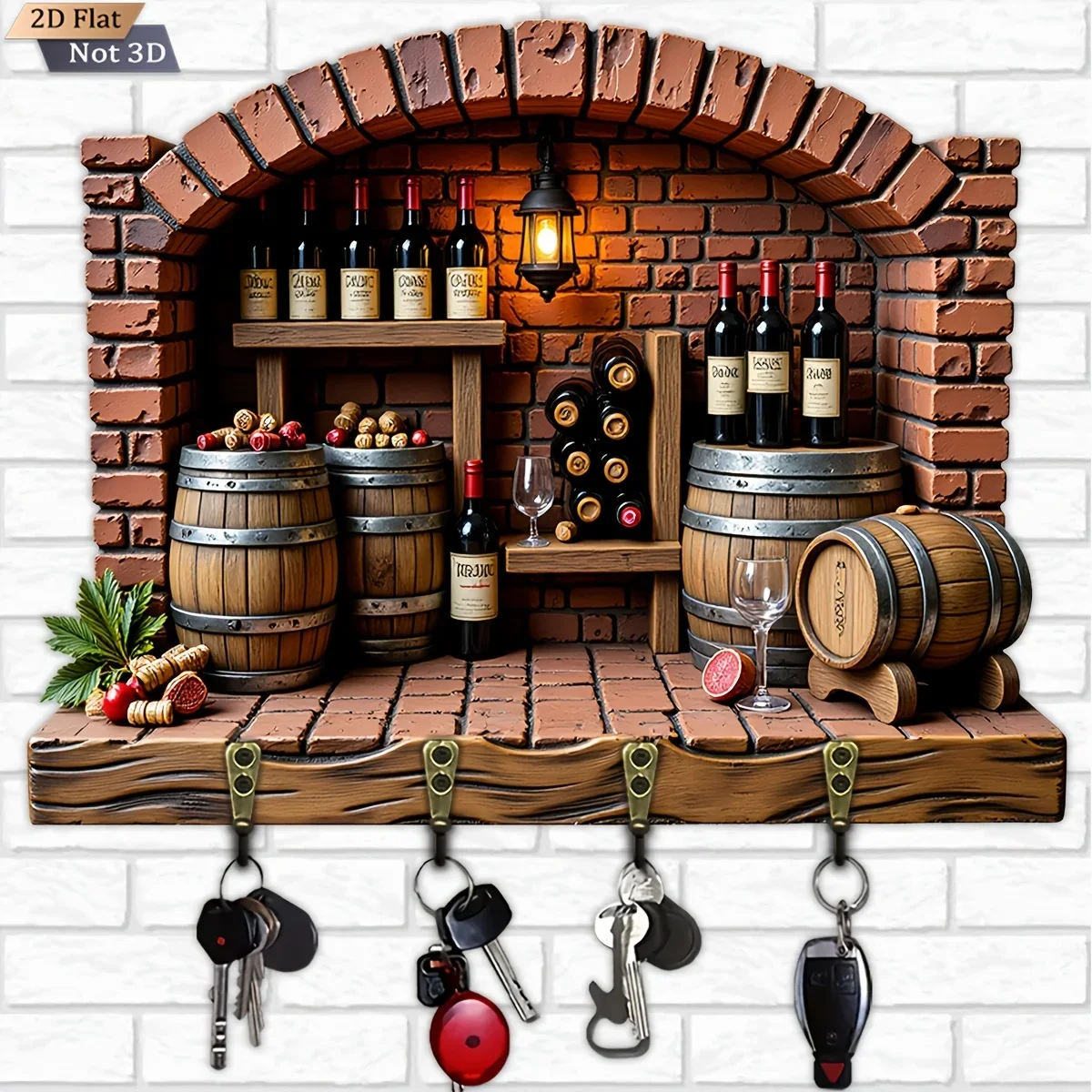 2D Flat, 1pc, Retro Wine Cellar Style Key Hook Wooden Multifunctional Home Key Rack with Four Metal Hooks, Wall Decoration,
