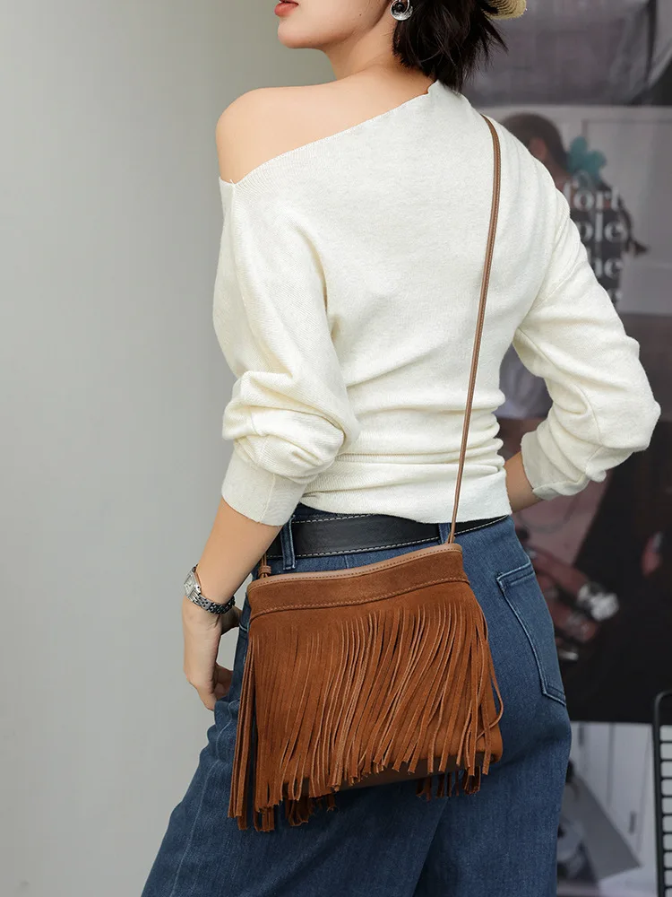 Relaxed-Style Retro Tassel Bag New Suede Cowhide Leather Women Bucket Bag Niche Design Korean Version Shoulder Crossbody Bag