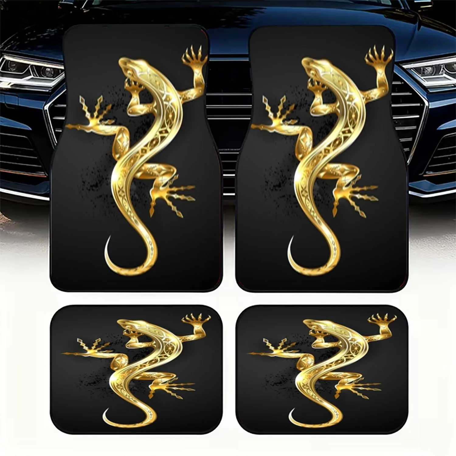 4pcs Car Floor Mats, Stylized Golden Lizard Pattern, Material, Dynamic Upright Pose Design, Black Background With Splattered Eff