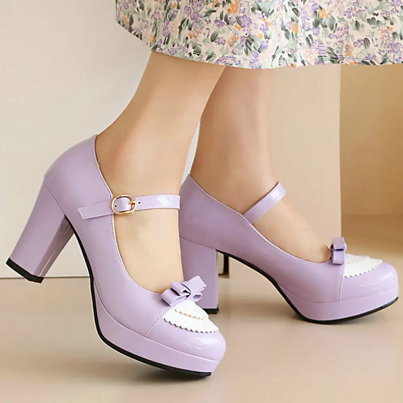 Bright Yellow Purple Closed Toe Pink Girls Cosplay Lolita Shoes Patchwork Bowtie Knot Design Cute Women Mary Janes Pumps Heels