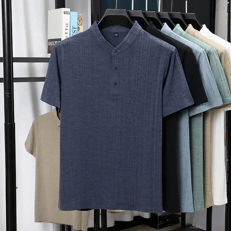 Mens Mandarin Collar Half Placket Linen Textured Short Sleeve Shirts Casual Tops Wrinkle Resistant Breathable Summer Wear view 4