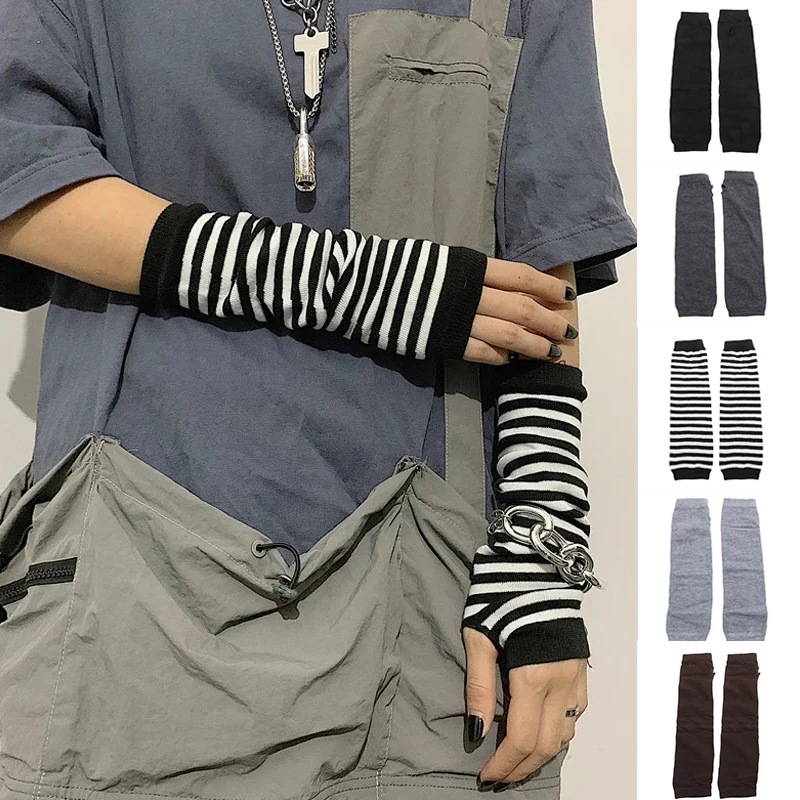 

Зимние теплые перчатки с длинными рукавами для мужчин и женщин, вязаные варежки без пальцев в полоску в стиле хип-хоп, эластичные уличные теплые варежки