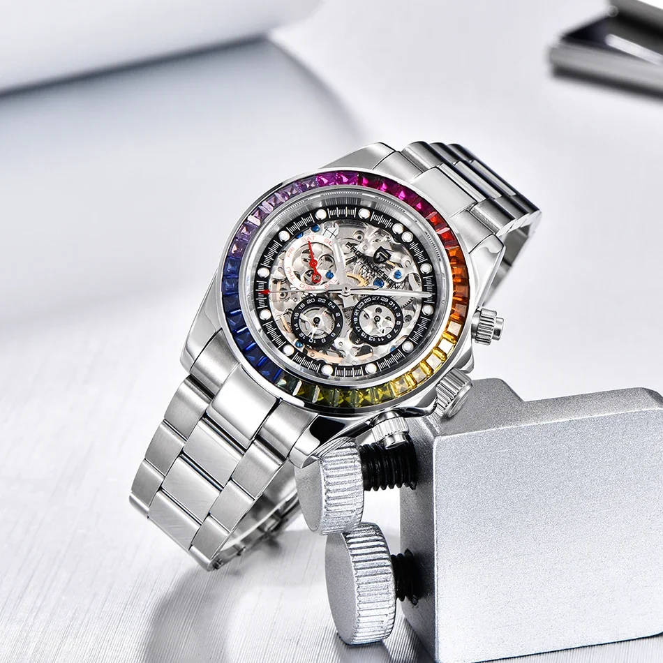 Novo pagani 1653 design moda arco-íris moldura masculino relógio de pulso mecânico luxo vidro safira oco para fora relógio automático para homem