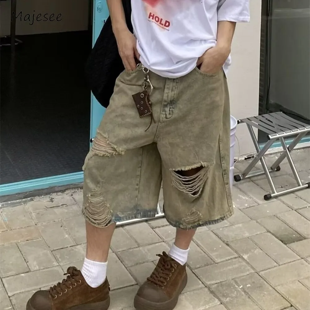 Men's Shorts Hollow Out Japanese Style Baggy Trendy Casual Denim Summer High Waist Individual Popular Chic Trousers Comfortable