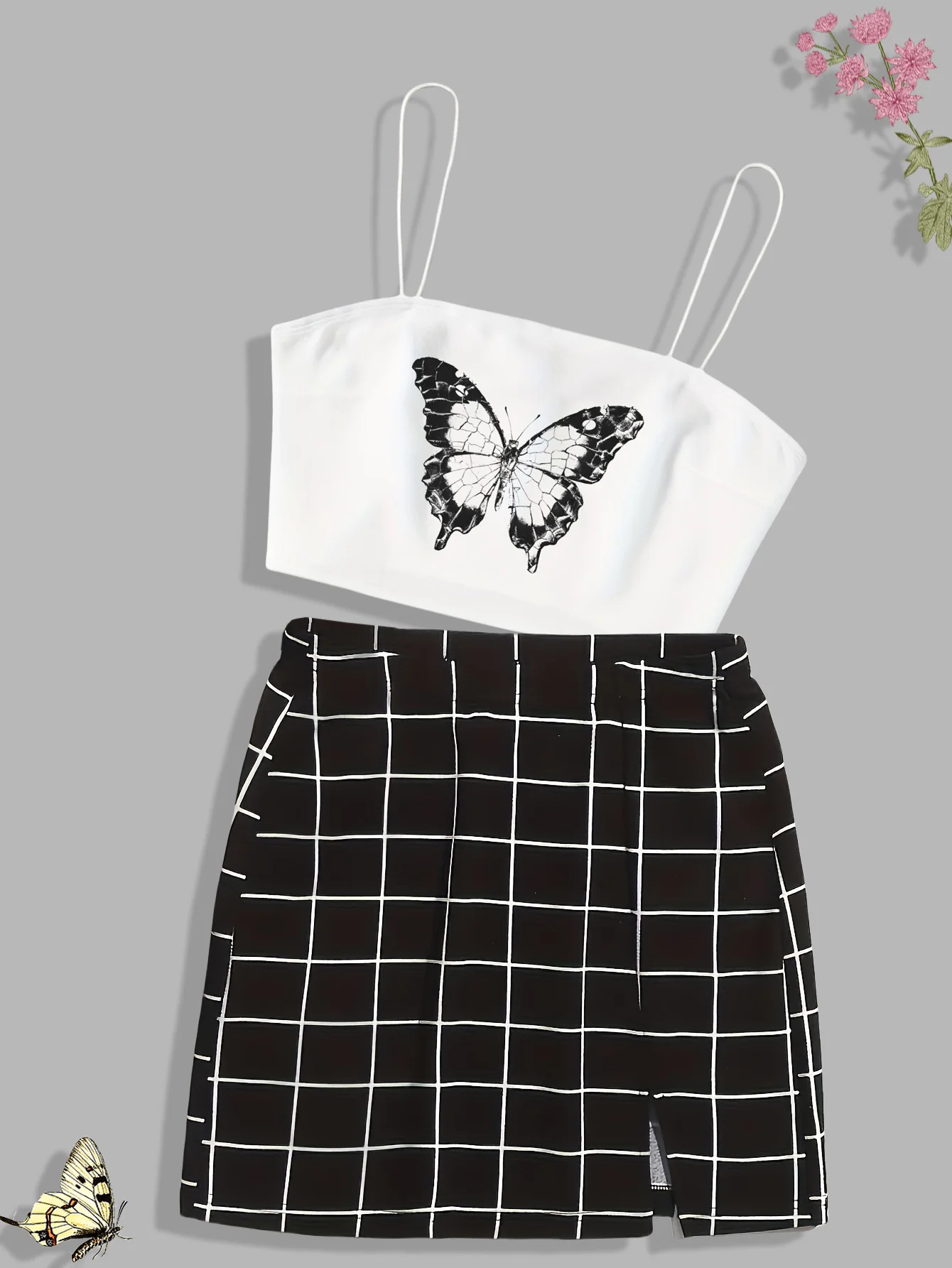 Black-and-white butterfly print Chic Slim Two-piece Skirt Set Crop Cami Top & Plaid Print Skirt Outfits Women\'s Clothing