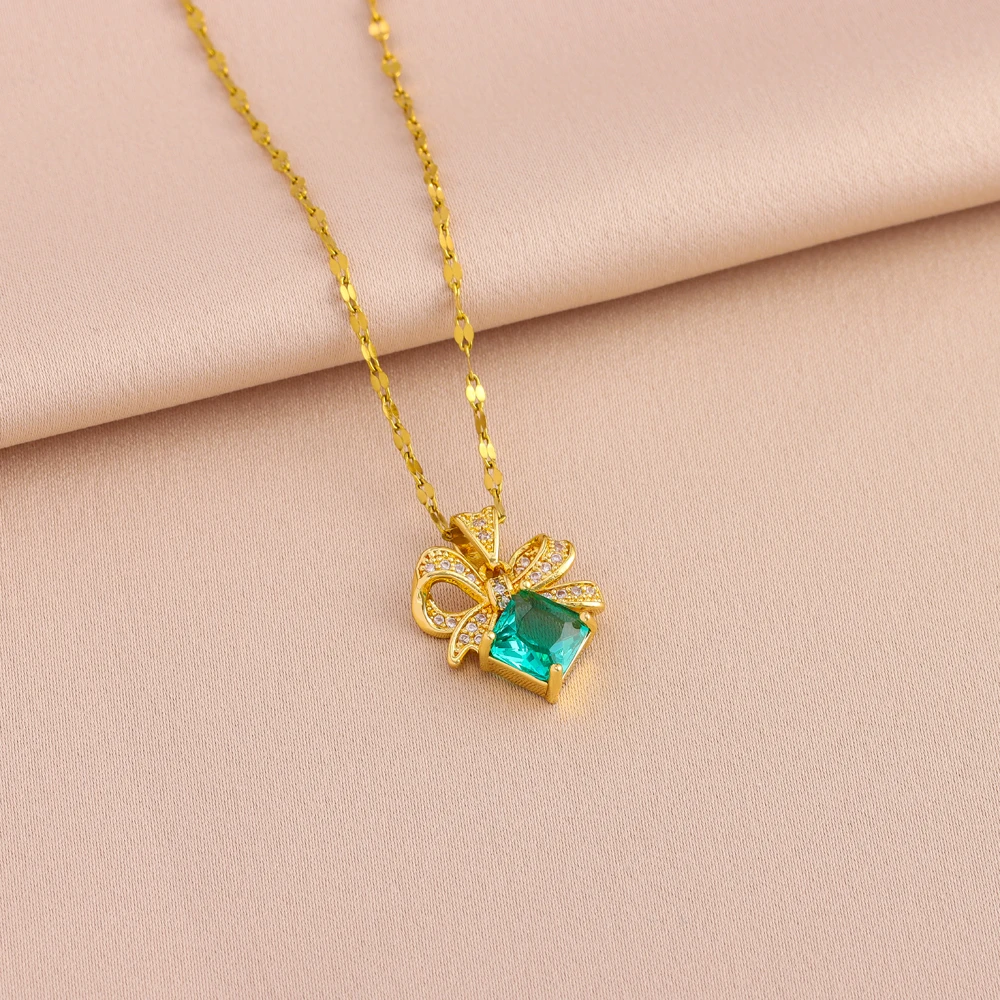 New Retro Blue Zircon Bowknot Necklaces Earrings For Women Trendy 18K Gold Plated Female Stainless Steel Jewelry Set Wholesale