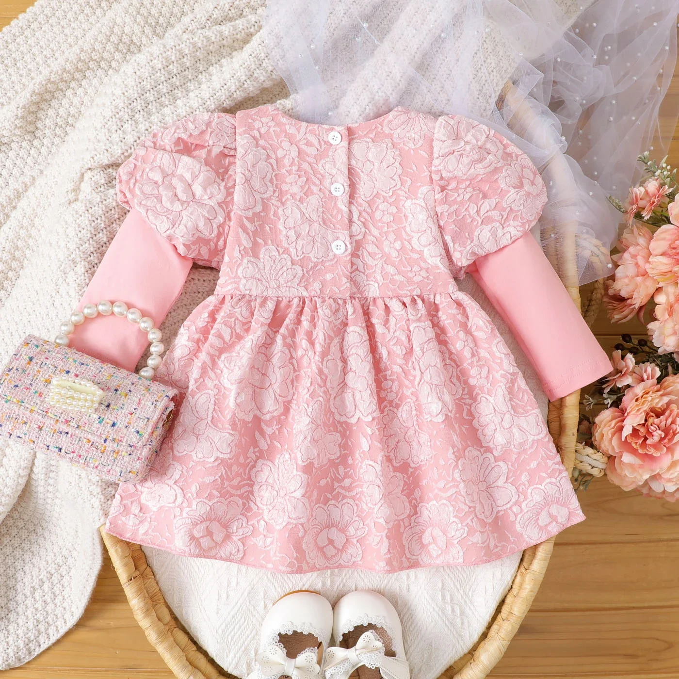 PatPat Baby Girl Floral Graphic Bow Decor Puff-sleeve Dress Sweet Casual/Outdoor Plants and floral Sweet Autumn