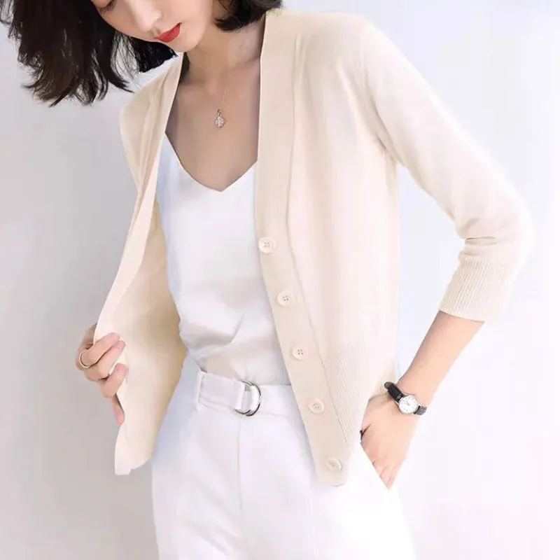 Thin 3/4 Sleeve Knit Sunscreen Cardigan Feminino Outwear Summer Elegant Slim Short Coat Korean Casual Knitwear Strickjacke New