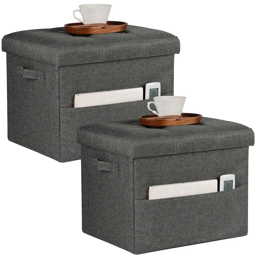 

Ottoman Foot Rest, Folding Linen Cotton Ottoman with Storage with Side Pockets and Handle, Foot Stool for Lounge, Study Corner,
