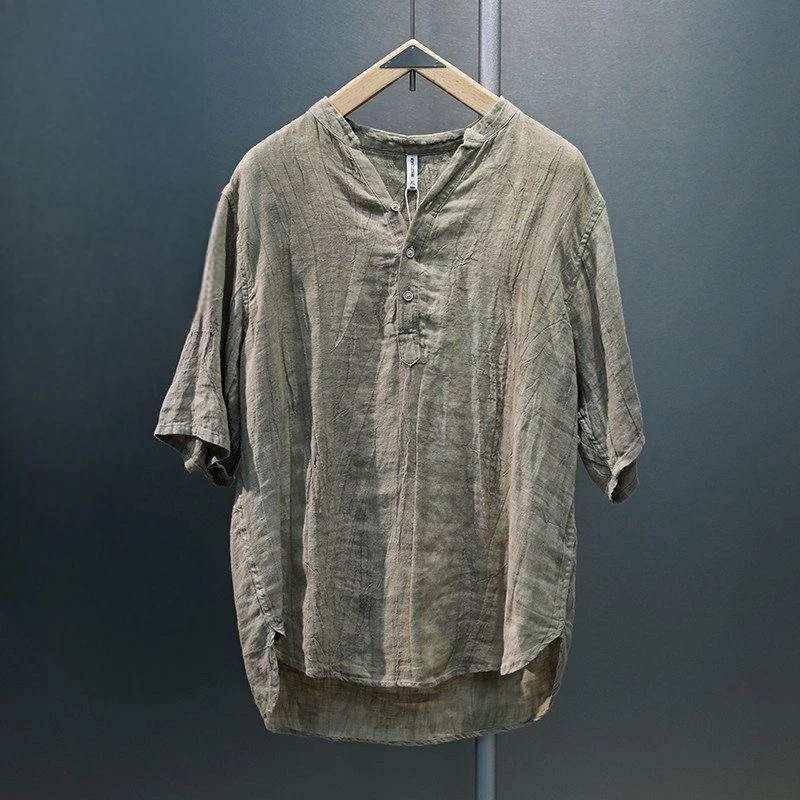 

Retro Chinese Style Men's Cotton Linen Short Sleeve Shirt Summer Wear Dyeing Halves Outerwear Breathable Comfortable Slim Fit