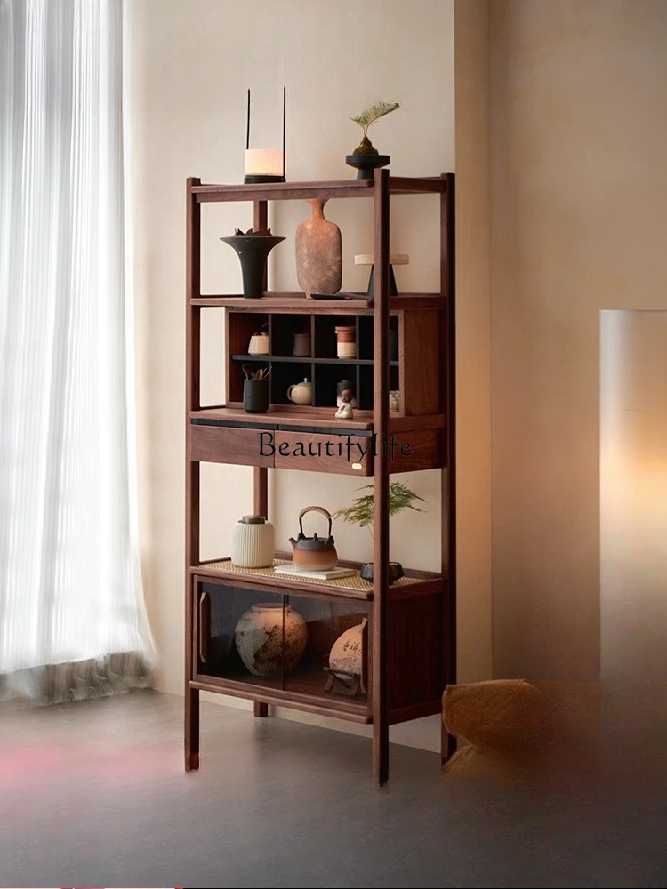 

05-*Black walnut display cabinet antique rack living room office shelf