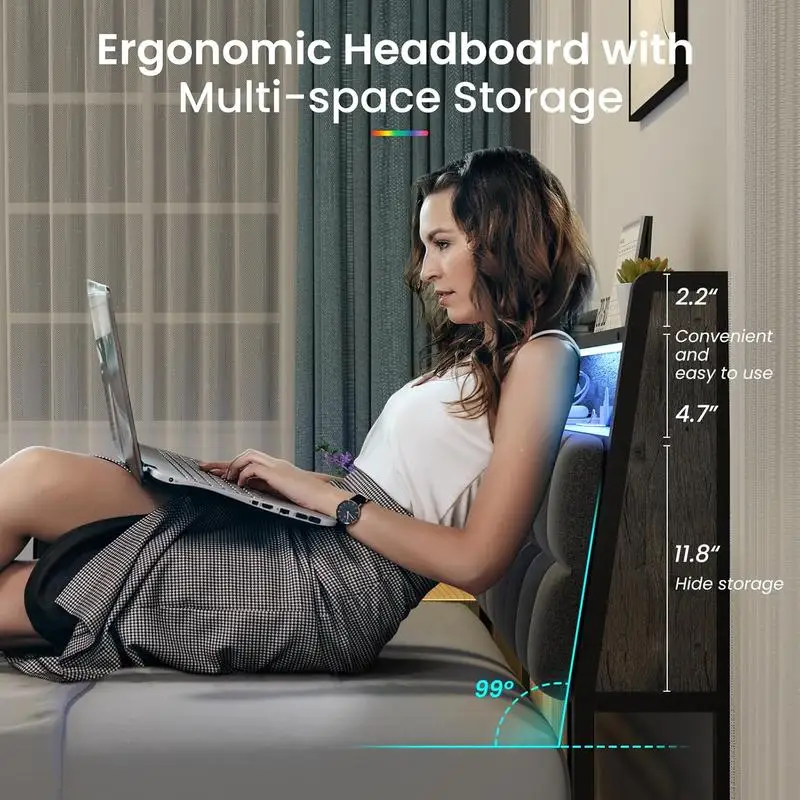 إطار سرير كامل مع لوح رأسي مريح، وحدة تخزين متعددة المساحات، ومحطة شحن، وأضواء LED RGB لغرفة النوم #4