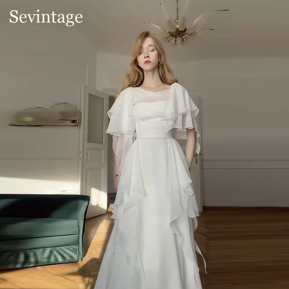 Sevintage Modern Ivory Chiffon Prom Dresses Ruffles Tiered Sleeves Wedding Dresses A-Line Corset Formal Prom Gowns Customized