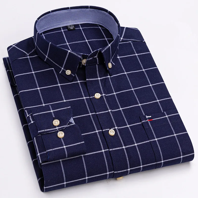 Men's 100% Cotton Shirt Long Sleeve Plaid Oxford Casual Solid Color Print Regular Fit Formal Dress Shirt Oversized 7XL  6XL 5XL, image 18