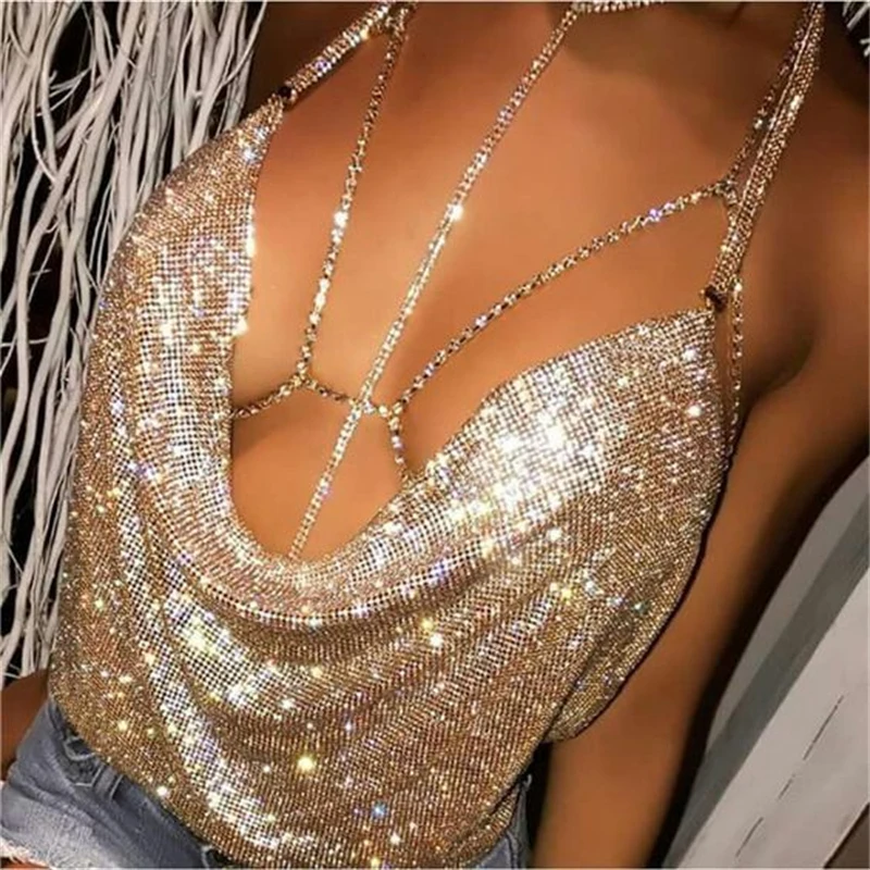 Frauen Sexy Glänzenden Strass Tank Top Tiefem V-ausschnitt Neckholder Metall Körper Kette Crop Top Hemd für Nachtclub Party Rave Outfits 2025 – Detail 4