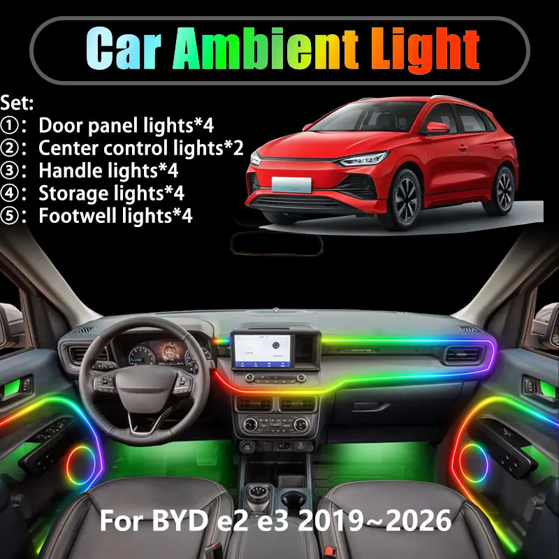 

For BYD e2 e3 2019~2026 2020 2021 2/18 in 1 Car ambient lighting Led trunk interior led lights USB RGB Ensemble Streamer Auto