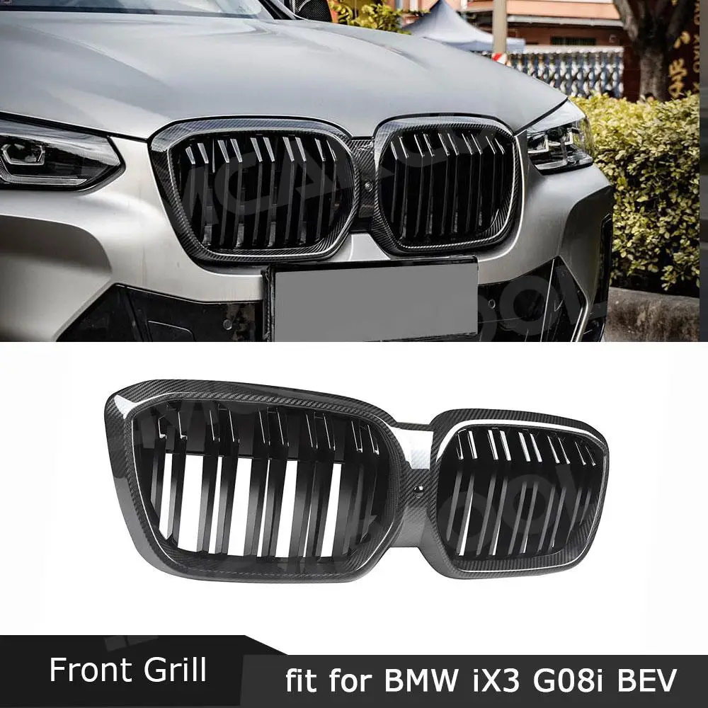 

For BMW iX3 G08i 2022 Carbon Fiber Front Bumper Racing Grill ABS Gloss Black Front Grille Cover Body Kit Facelift Decoration