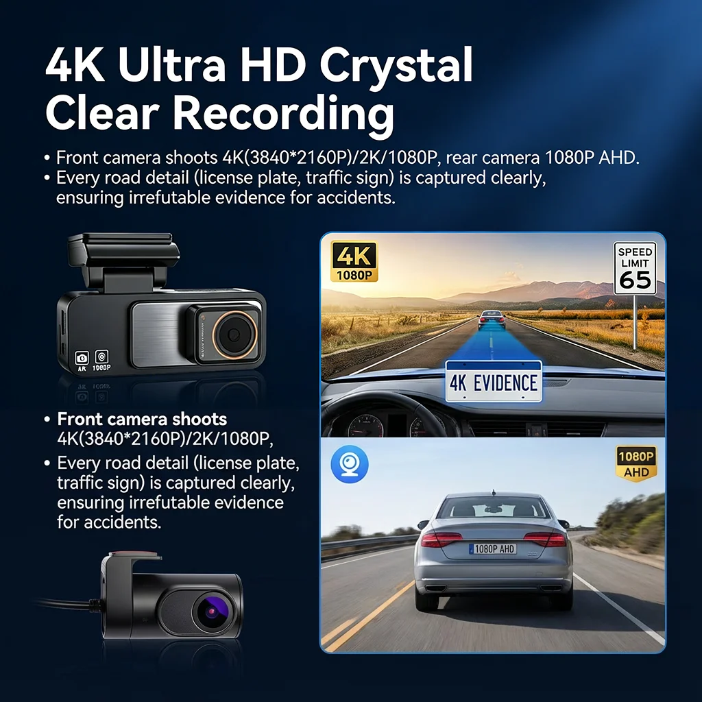 4K Ultra HD 3840*2160P Dash Cam with Dual Cameras, WiFi, Night Vision, G-Sensor, Parking Monitor Car Road Camera