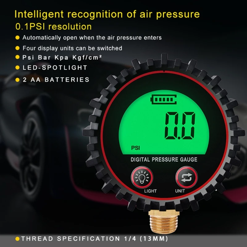 Dial Size Digital Air Pressure Gauge with 1/4\'\'Bottom Connector & Protective Boot 0-255psi Accuracy 1% Digital Tyre