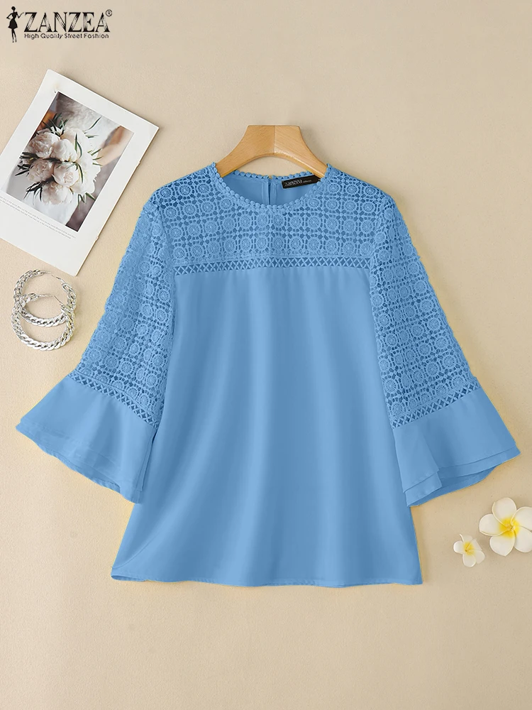 

ZANZEA, элегантные рабочие блузки с рукавами 3/4, лето 2021, кружевные вязаные крючком рубашки, женские лоскутные топы, повседневные праздничные блузки с вышивкой