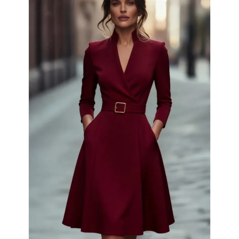 

Solid Color V-neck Women's Elegant Dress Summer Fashion Long Sleeved Mini Dresses With Belt Ladies Foreign Style Office Vestidos