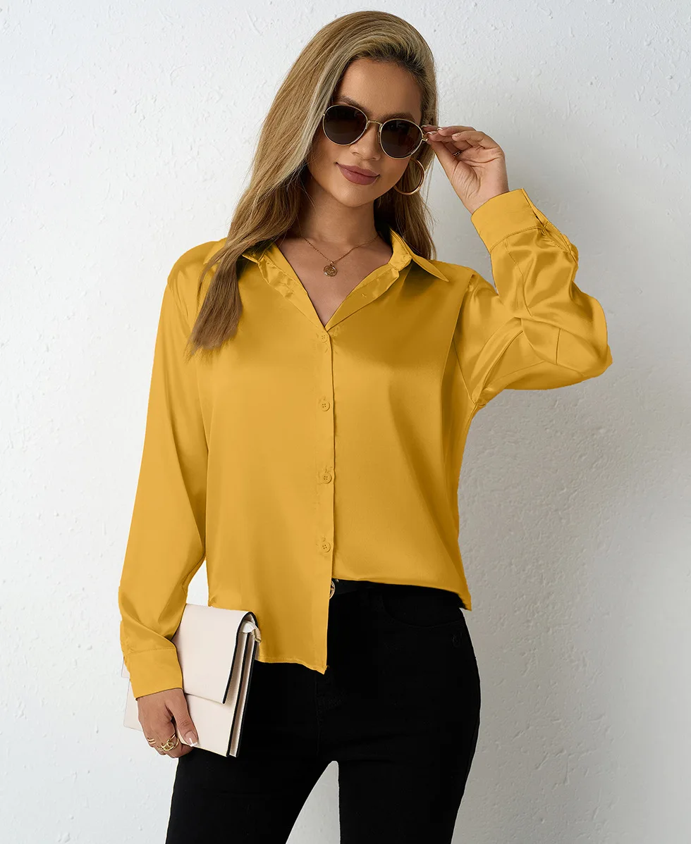 เสื้อคอวีผ้าซาตินผู้หญิงเสื้อหลวมเรียบง่าย