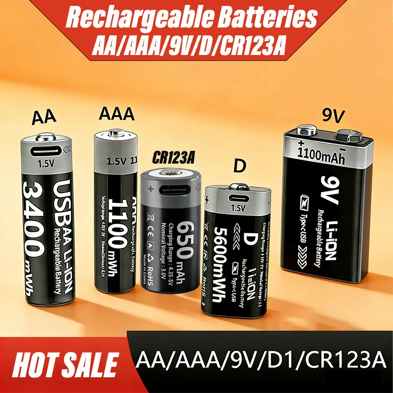 AA/AAA/D Size/CR123A/9V USB Rechargeable Battery Lasting Lithium Batteries 3400mWh AA+1100mWh AAA 1.5V Li-ion for Smart Home Toy