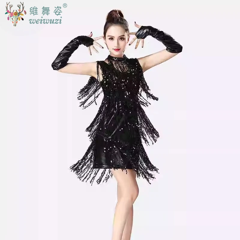 

Adult Sequins Tassel Latin Dance Dress Women Professional Tango Skirt Jazz Salsa Dancing Costume Clothes Competition Wear Gloves