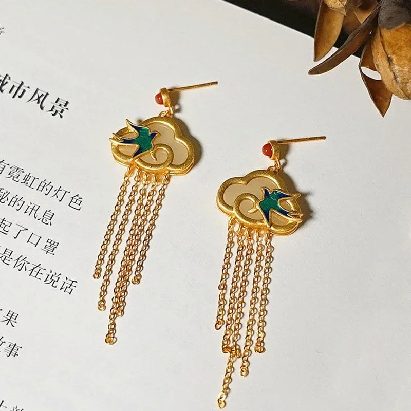 Inspired Design Ancient Gold Craft Inlaid Natural Hetian Jade Earrings for Women Enamel Porcelain Small Swallow Tassel Jewelry