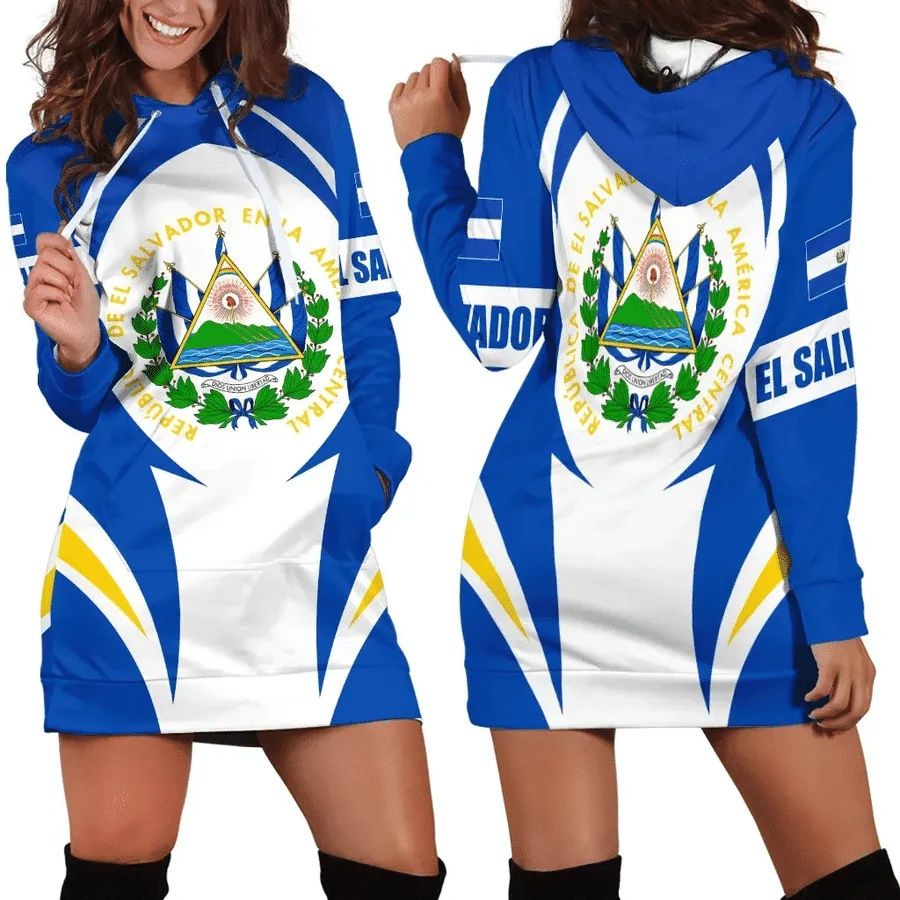 El Salvador Flag Hoodie Dress Women Hoodie Dress 2023 New 3d Print Long Sleeve Hoodie Casual Hooded Sweater Tops Women