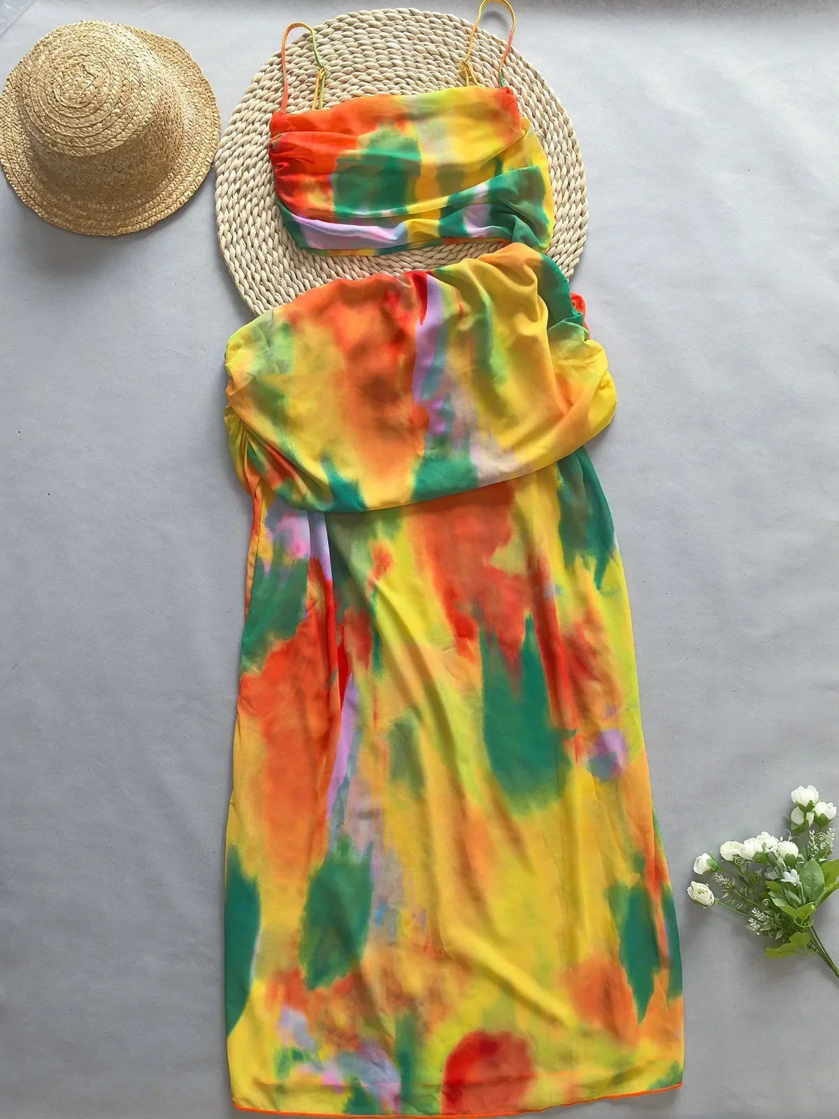 

Tie Dye Print Beach Skirt Swimsuit Sexy Suspender Hollow Out Cover-ups High Waist Mesh Pants Sexy Long Dress 2024 New Orange