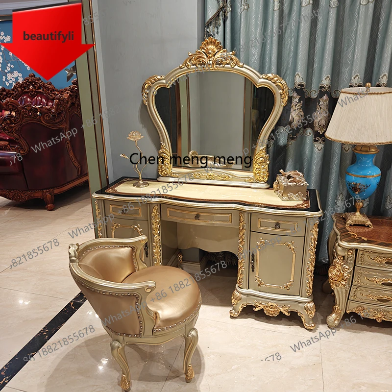 X188 European dressing table master bedroom luxury villa makeup table makeup stool with mirror solid wood carving flower