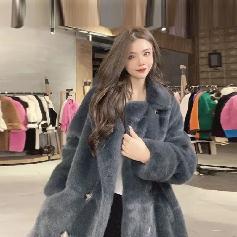 2023 New Women Winter Faux Fur Coat Eco-friendly Mink Fleece Overcoat Fur Long Jacket Loose Korean Style Double-breasted Outwear