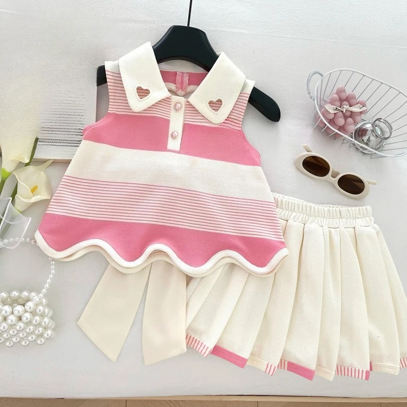 

2026 New Girls Korean Summer Dress Set, Sweet Backless Bow Pleated Skirt, Refreshing Two-Piece Outfit & Fashion Collection