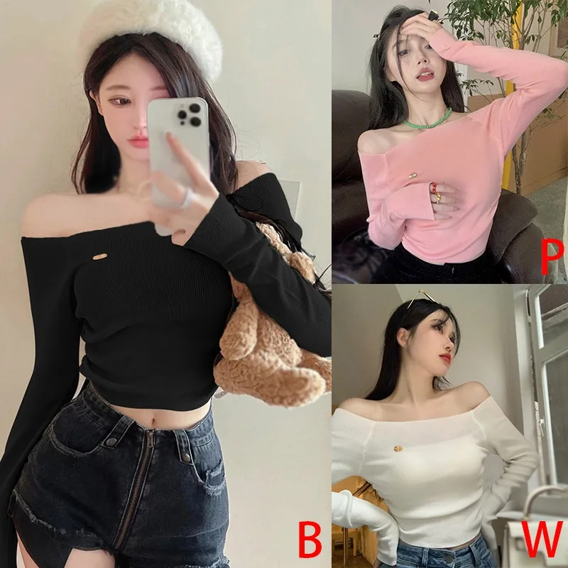 Off Shoulder Women\'s Top Fashion Long Sleeves Slim Sweet Knitted Woman clothes tops woman 2024 korean reviews many clothes