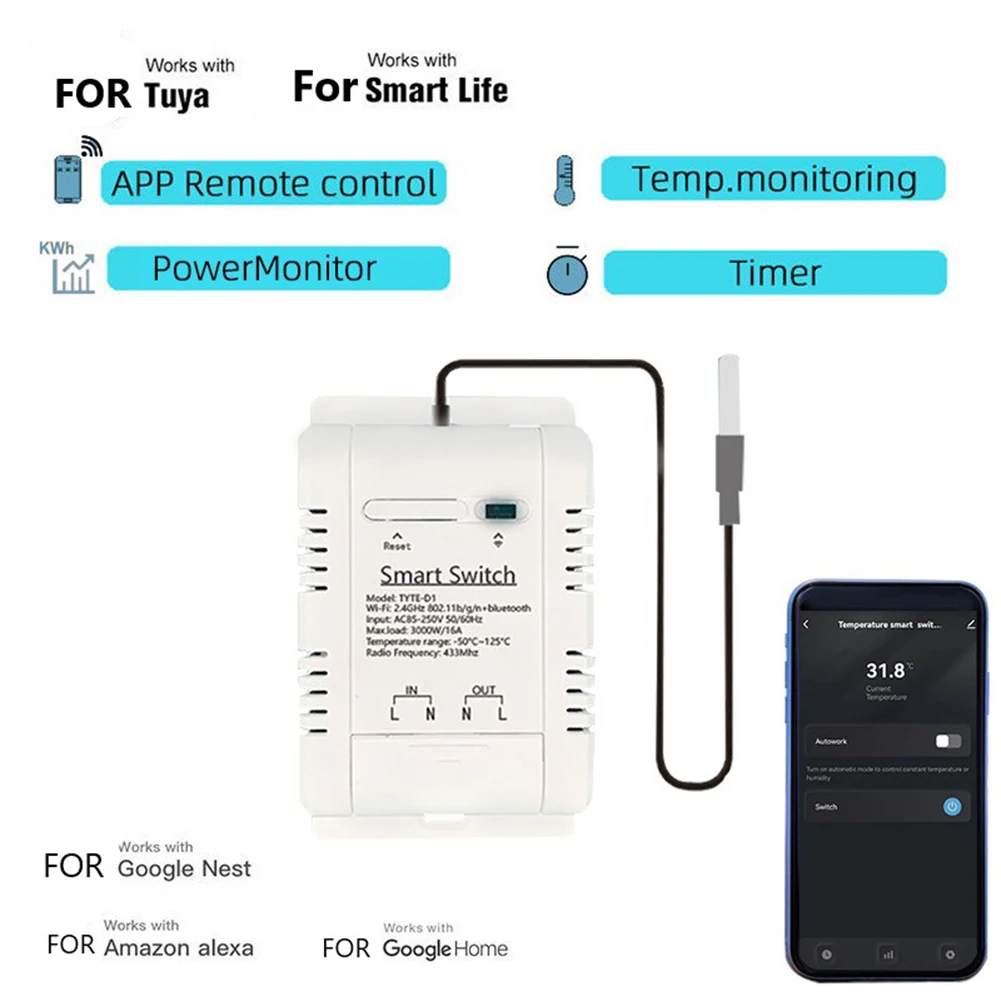 Sensore interruttore di temperatura 16A 20A 96x45x31 Mm ABS APP telecomando Rf433 sensore Monitor termostato pratico