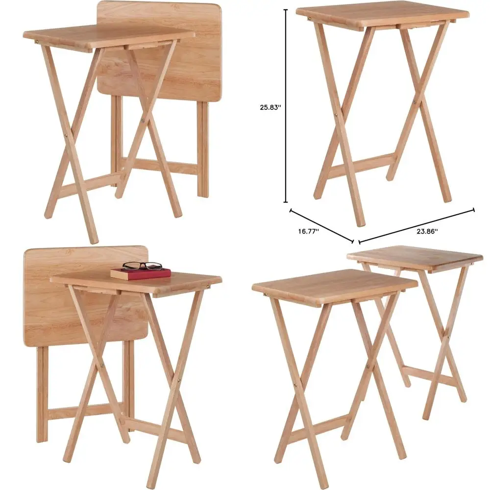 Folding Wooden Snack Tables Duo: Rectangular Trays for Serving Refreshments, Drinks, Books, and More