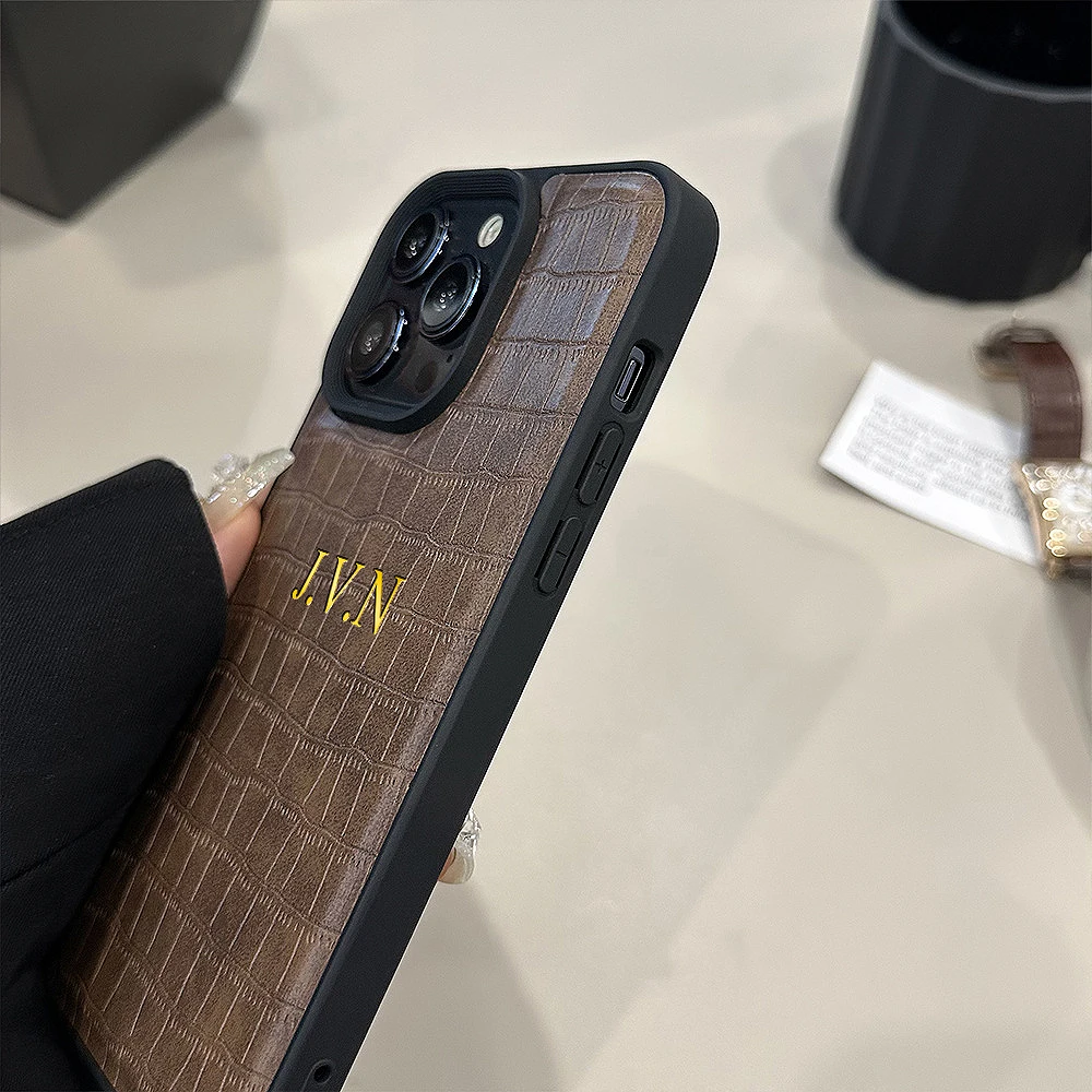 Luxury Crocodile Leather Personalized Case For iPhone 16 15 14 13 12 11 Pro Max Customized Initials Name Letters Cover 15 16 Pro