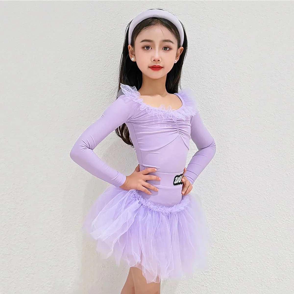 Purple Girls Latin Dance Competition Costume Children Professional Standard Long Sleeve Bodysuit and Mesh Skirts Dancewear