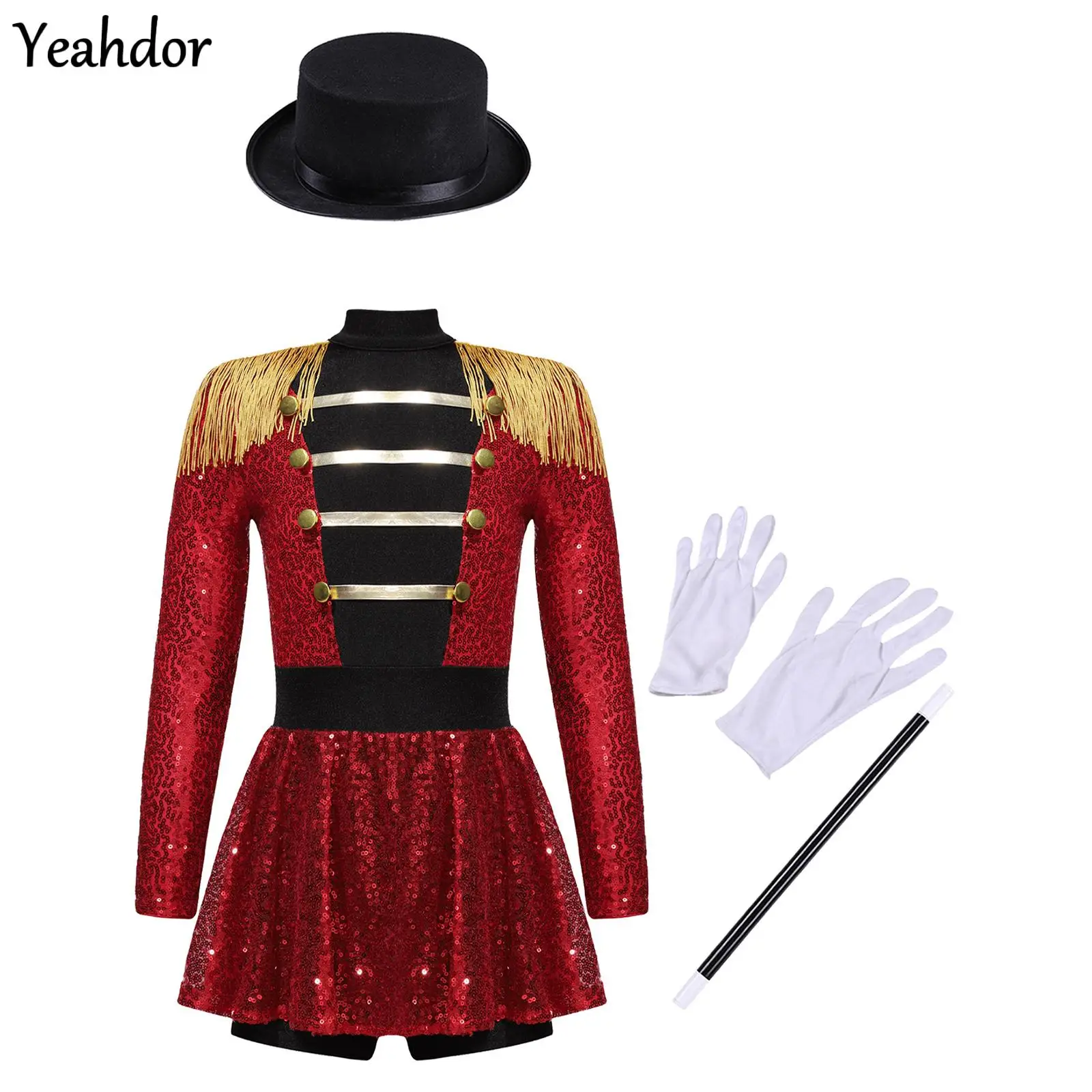 

Girls Ringmaster Circus Costume Long Sleeve Tassel Sequin Leotard Bodysuit And Hat Magic Wand Gloves Halloween Magician Dress Up