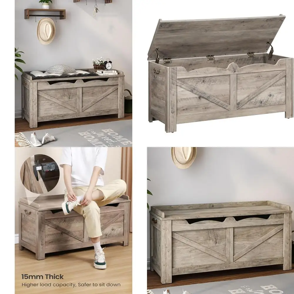 Cómoda de almacenamiento de madera con tapa elevable con bisagras, organizador de caja de banco para dormitorio/sala de estar gris SB04505X