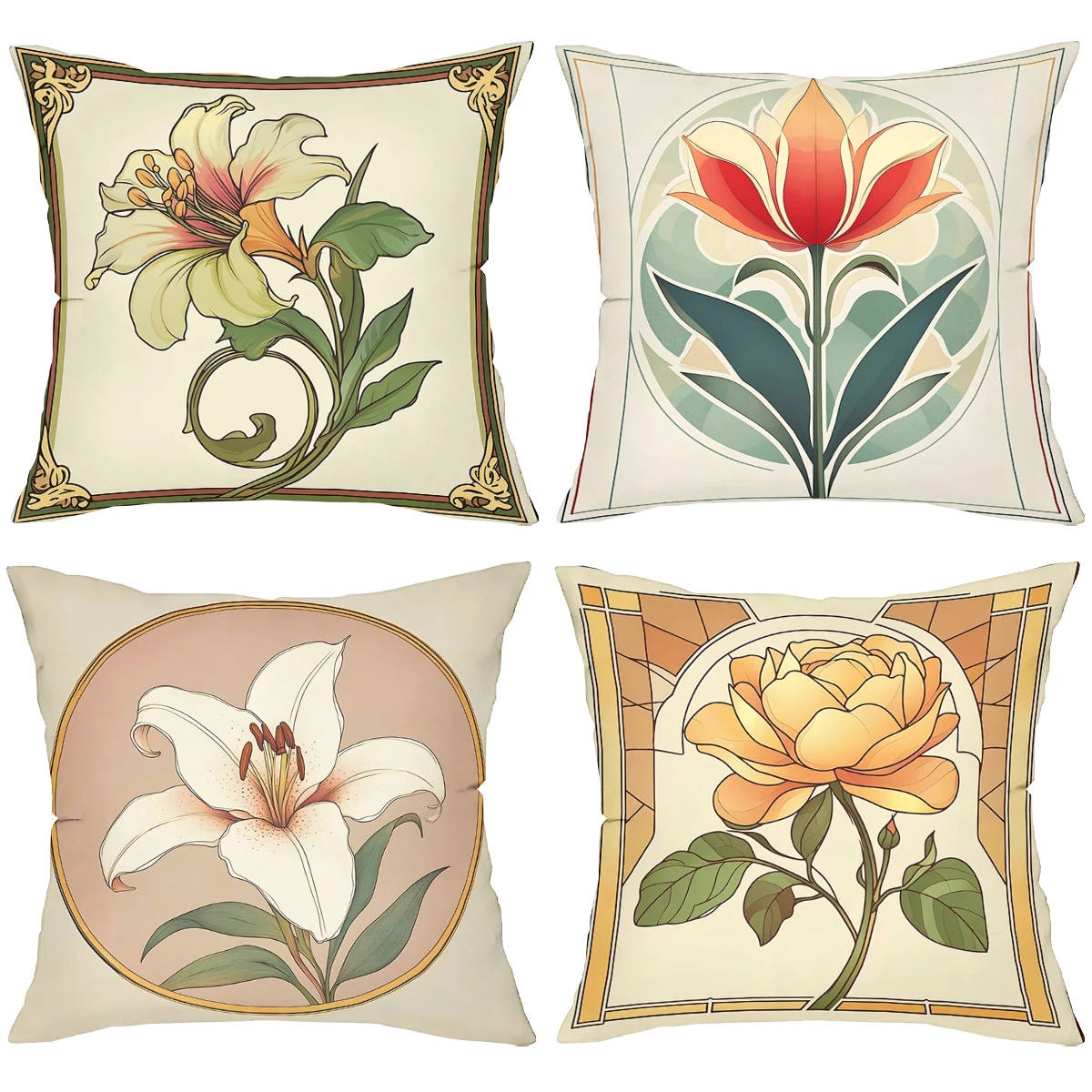 Floral Patterned Throw Pillows Art Nouveau Style Polyester Pillowcase, Sofa Decorative Cushion Cov Headboard Pillow
