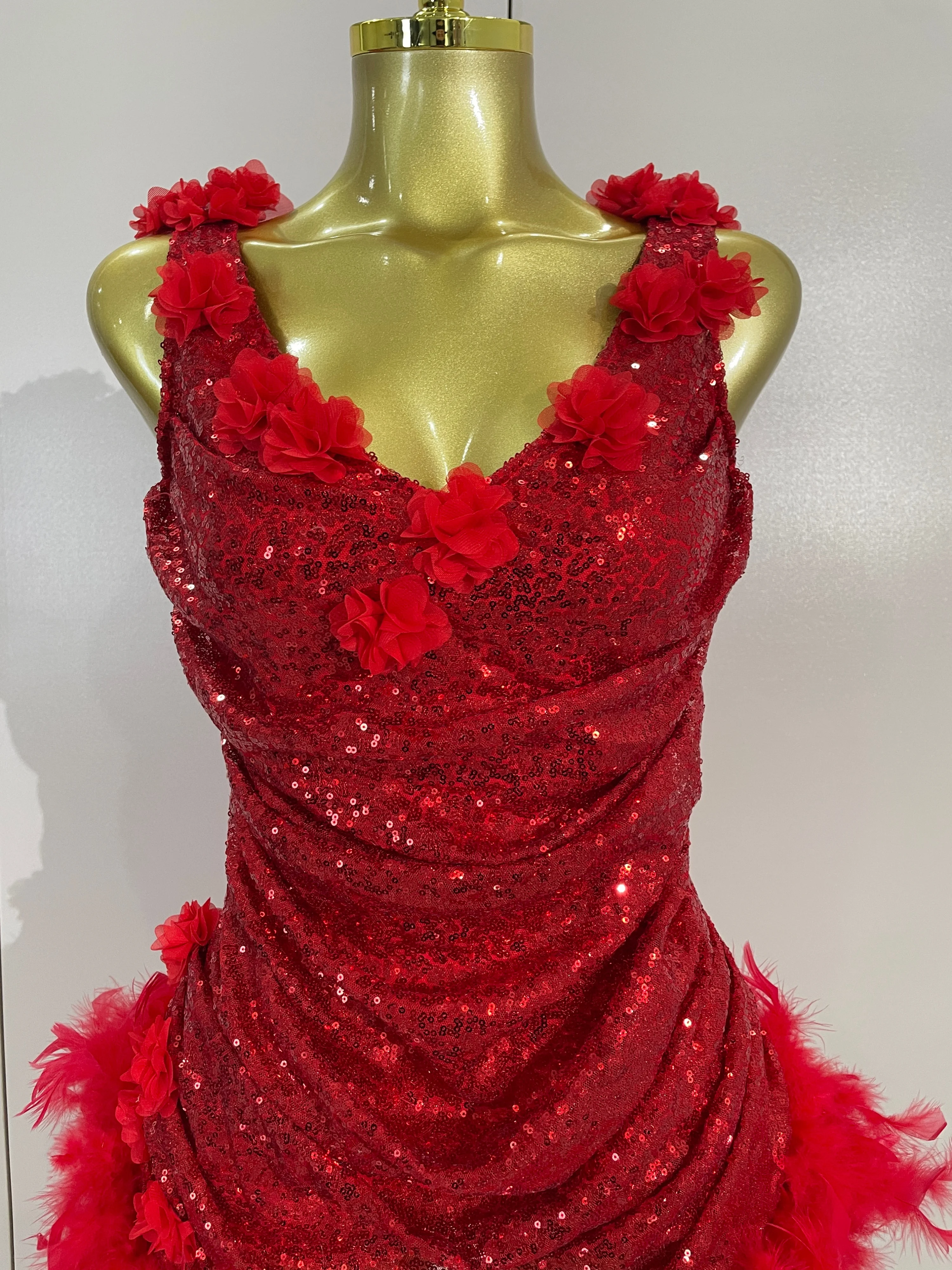 

Women Evening Party Birthday Dress Sexy Shiny Sequins Red Flowers Feathers Stretch Bodysuits Nightclub Photoshoot Stage Costumes